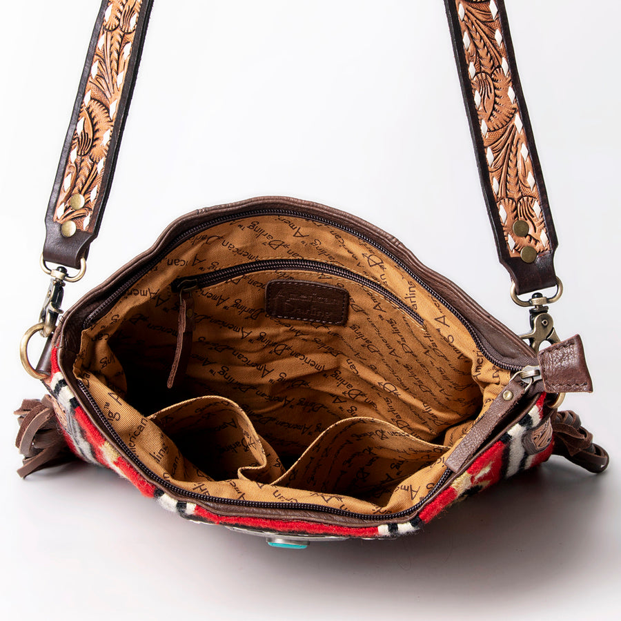 American Darling Large Cross body Bag Hand-Woven Saddle Blanket Vegetable-Tanned Genuine Leather Fringes Turquoise Concho