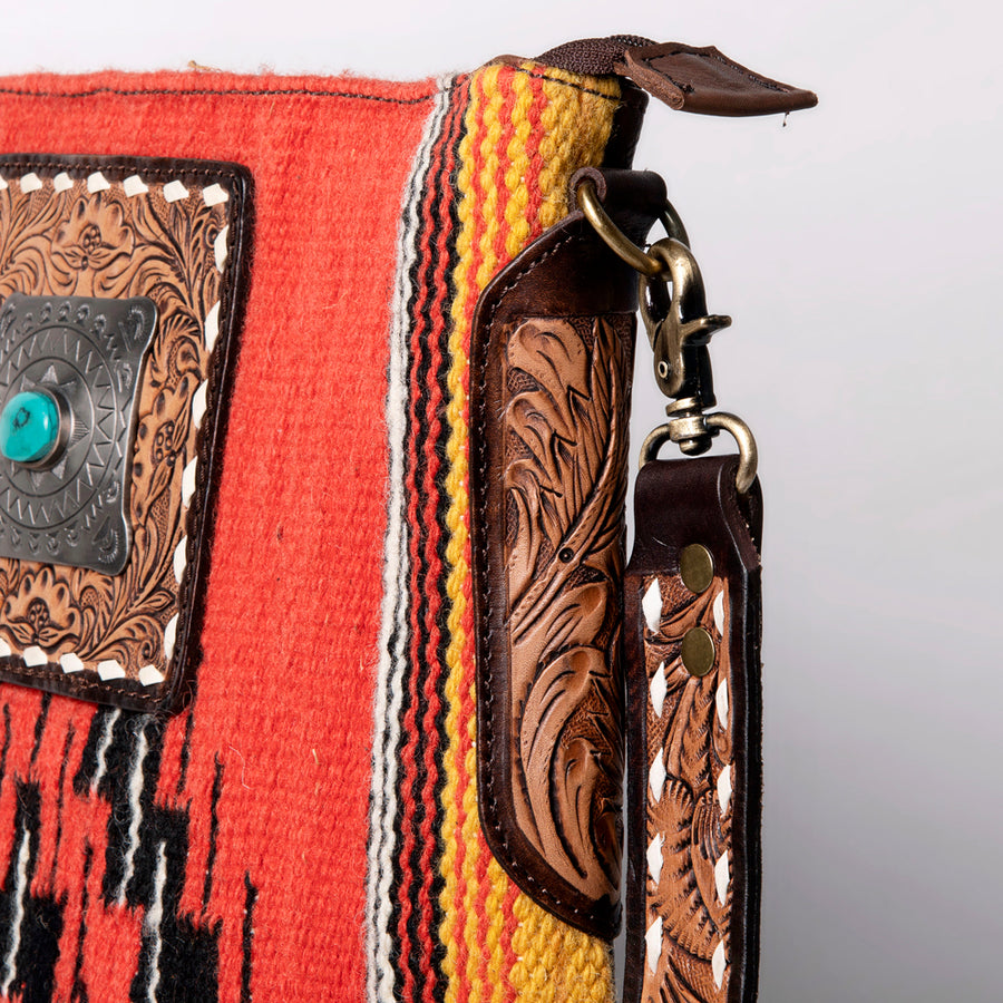 American Darling Large Cross body Bag Hand-Woven Saddle Blanket Vegetable-Tanned Genuine Leather Fringes Turquoise Concho