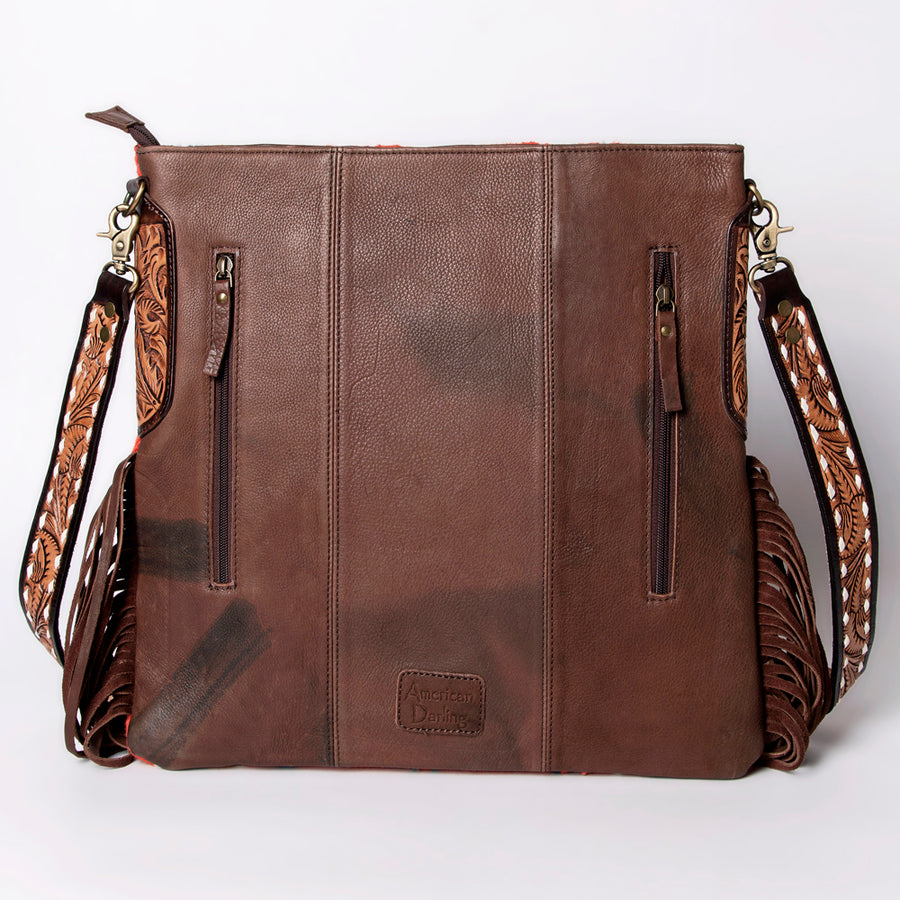 American Darling Large Cross body Bag Hand-Woven Saddle Blanket Vegetable-Tanned Genuine Leather Fringes Turquoise Concho