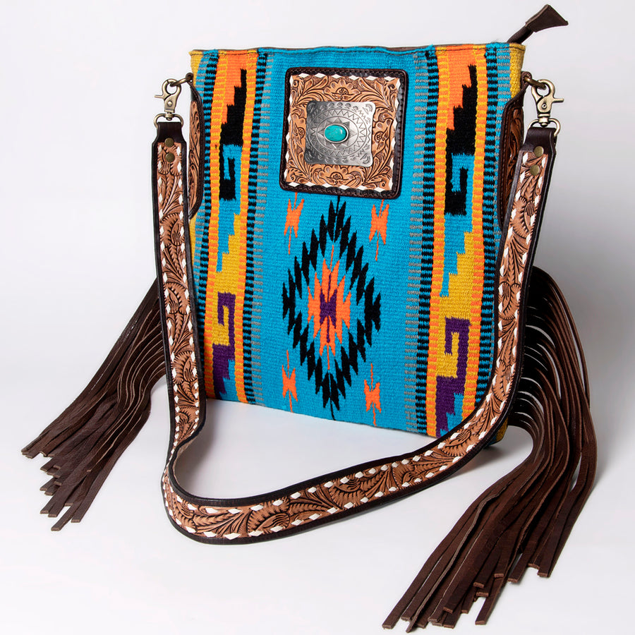 American Darling Large Cross body Bag Hand-Woven Saddle Blanket Vegetable-Tanned Genuine Leather Fringes Turquoise Concho