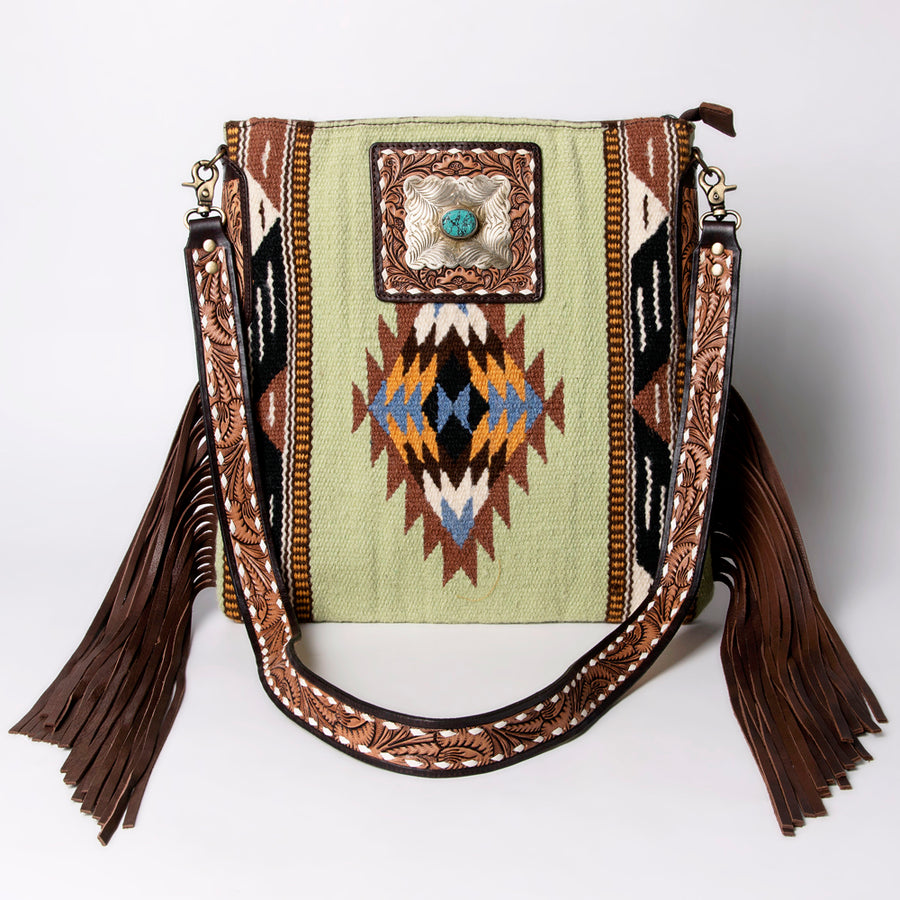 American Darling Large Cross body Bag Hand-Woven Saddle Blanket Vegetable-Tanned Genuine Leather Fringes Turquoise Concho