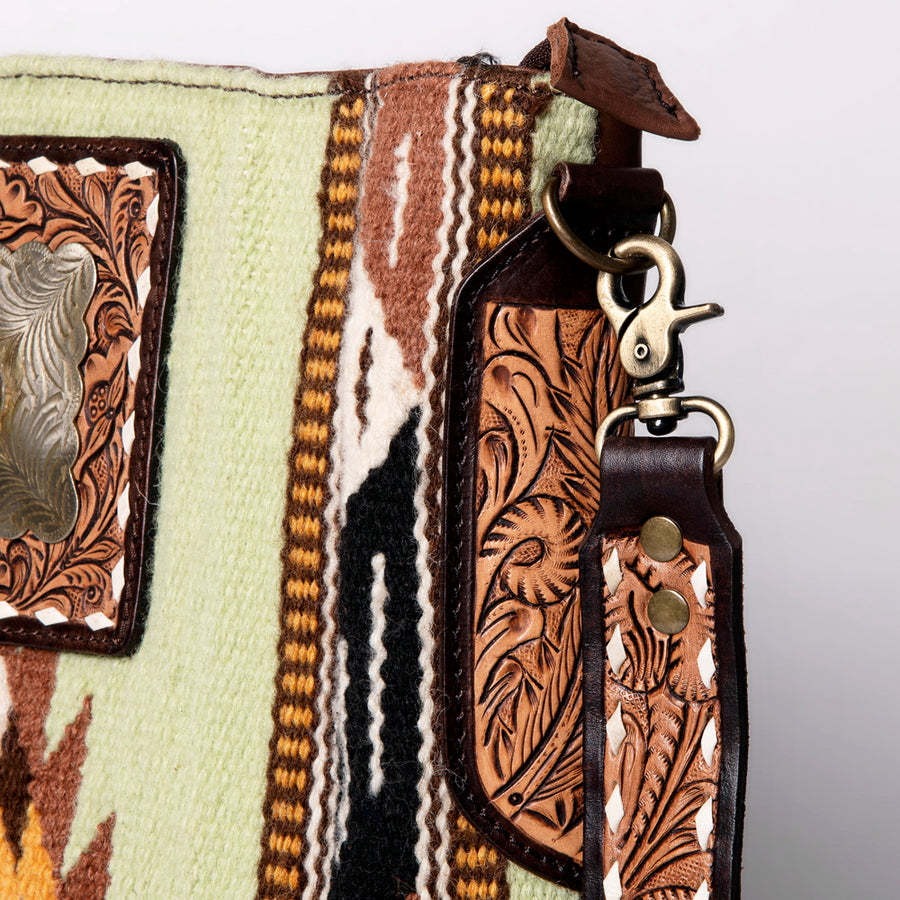 American Darling Large Cross body Bag Hand-Woven Saddle Blanket Vegetable-Tanned Genuine Leather Fringes Turquoise Concho