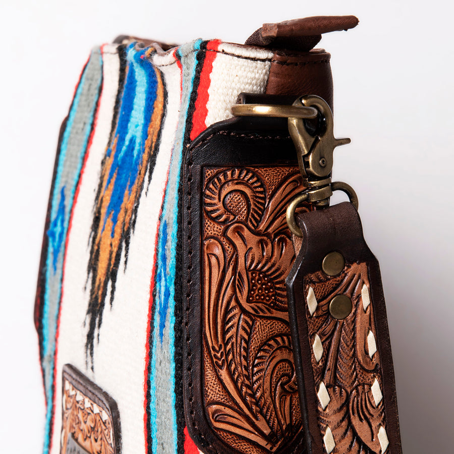 American Darling Large Cross body Bag Hand-Woven Saddle Blanket Vegetable-Tanned Genuine Leather Fringes Turquoise Concho
