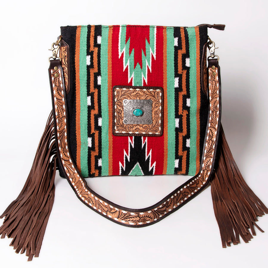 American Darling Large Cross body Bag Hand-Woven Saddle Blanket Vegetable-Tanned Genuine Leather Fringes Turquoise Concho
