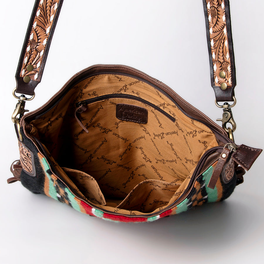 American Darling Large Cross body Bag Hand-Woven Saddle Blanket Vegetable-Tanned Genuine Leather Fringes Turquoise Concho