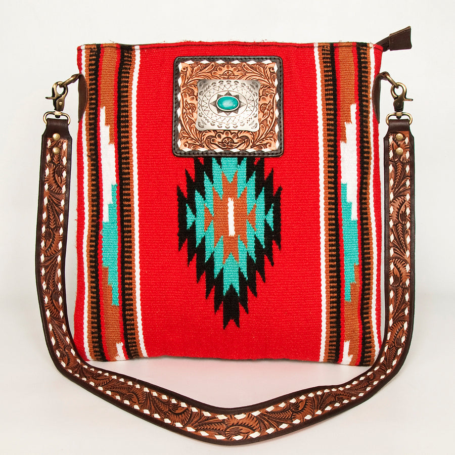 American Darling Large Cross body Bag Hand Woven Saddle Blanket Vegetable-Tanned Genuine Leather Floral Carved Turquoise Concho
