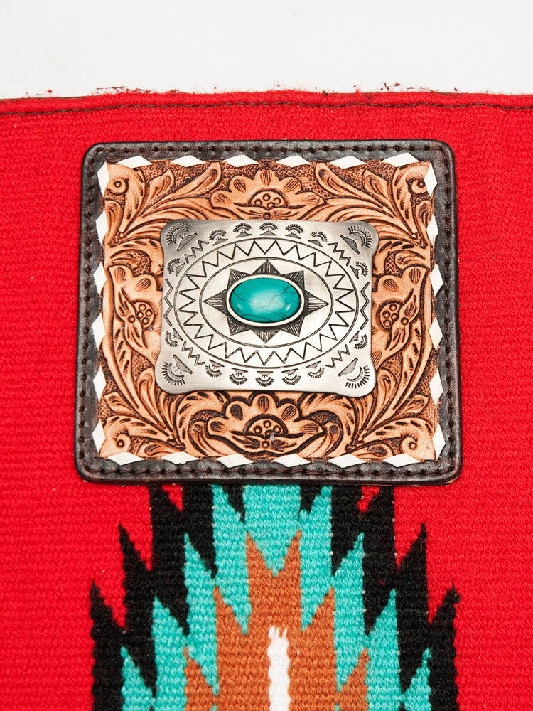 American Darling Large Cross body Bag Hand Woven Saddle Blanket Vegetable-Tanned Genuine Leather Floral Carved Turquoise Concho