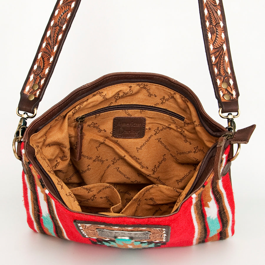 American Darling Large Cross body Bag Hand Woven Saddle Blanket Vegetable-Tanned Genuine Leather Floral Carved Turquoise Concho