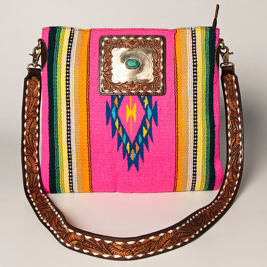 American Darling Large Cross body Bag Hand Woven Saddle Blanket Vegetable-Tanned Genuine Leather Floral Carved Turquoise Concho