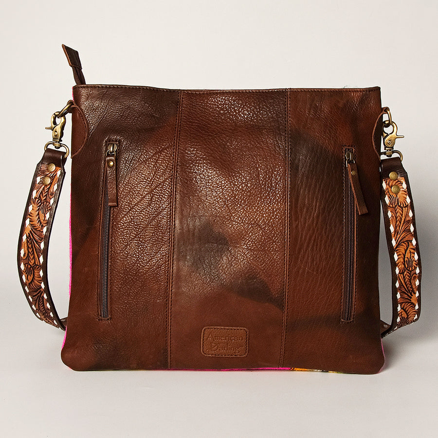 American Darling Large Cross body Bag Hand Woven Saddle Blanket Vegetable-Tanned Genuine Leather Floral Carved Turquoise Concho
