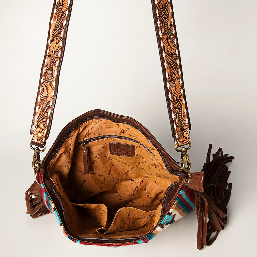 American Darling Large Cross body Bag Hand-Woven Saddle Blanket Vegetable-Tanned Genuine Leather Fringes Turquoise Concho