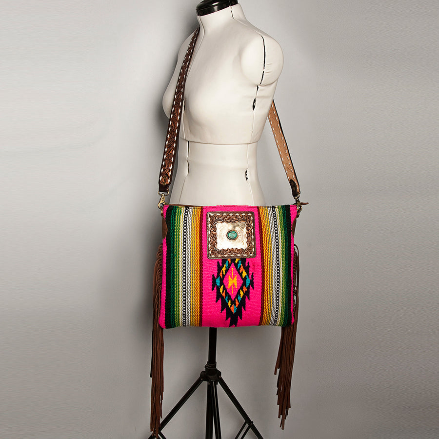 American Darling Large Cross body Bag Hand-Woven Saddle Blanket Vegetable-Tanned Genuine Leather Fringes Turquoise Concho