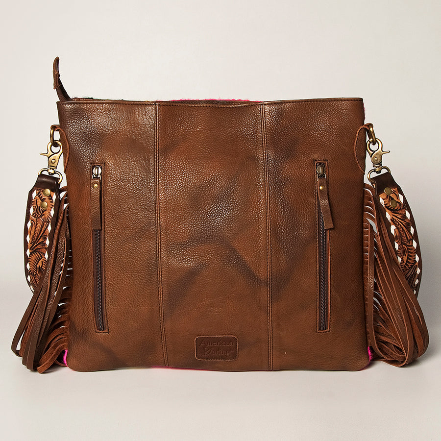 American Darling Large Cross body Bag Hand-Woven Saddle Blanket Vegetable-Tanned Genuine Leather Fringes Turquoise Concho