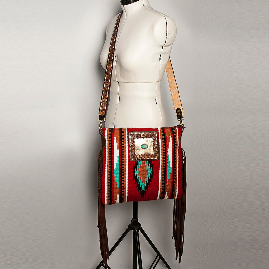 American Darling Large Cross body Bag Hand-Woven Saddle Blanket Vegetable-Tanned Genuine Leather Fringes Turquoise Concho