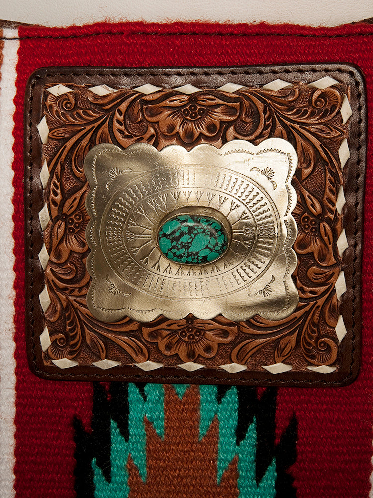 American Darling Large Cross body Bag Hand-Woven Saddle Blanket Vegetable-Tanned Genuine Leather Fringes Turquoise Concho