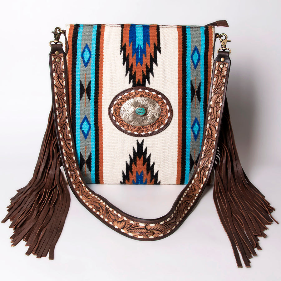 American Darling Large Cross body Bag Hand Woven Saddle Blanket Vegetable-Tanned Genuine Leather Floral Carved Fringes Concho