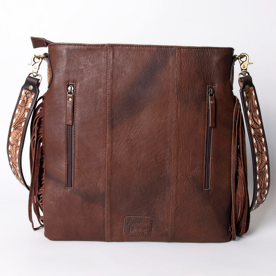 American Darling Large Cross body Bag Hand Woven Saddle Blanket Vegetable-Tanned Genuine Leather Floral Carved Fringes Concho