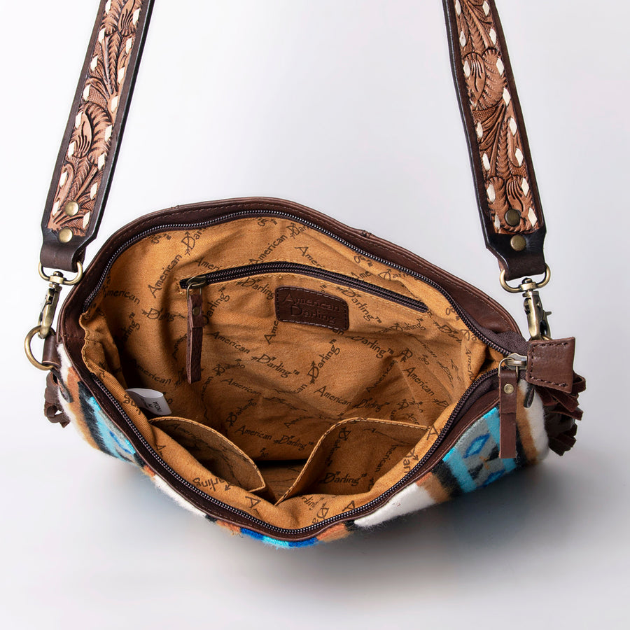 American Darling Large Cross body Bag Hand Woven Saddle Blanket Vegetable-Tanned Genuine Leather Floral Carved Fringes Concho