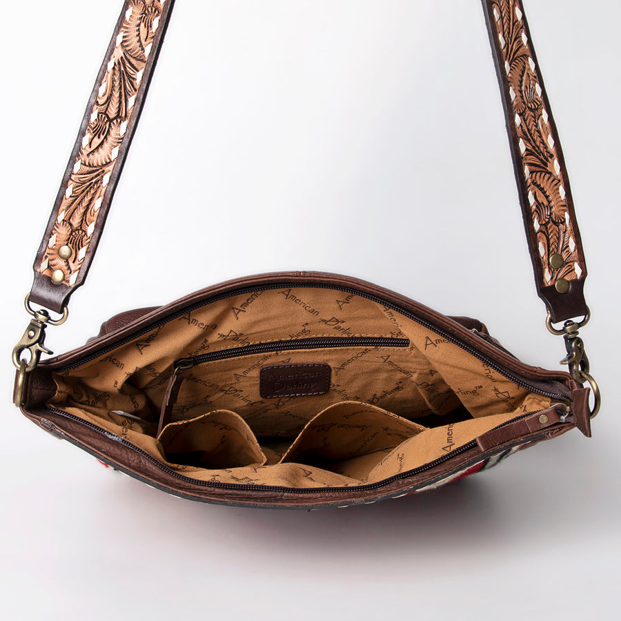 American Darling Messenger Bag Hand Woven Saddle Blanket Vegetable-Tanned Genuine Leather Floral Carved Buck Stitched