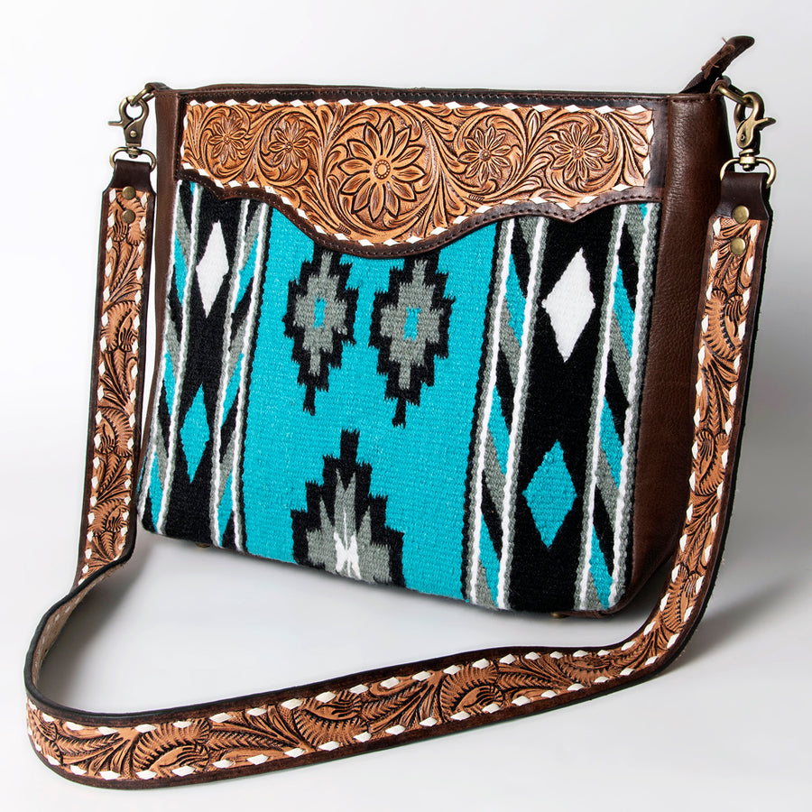 American Darling Messenger Bag Hand Woven Saddle Blanket Vegetable-Tanned Genuine Leather Floral Carved Buck Stitched