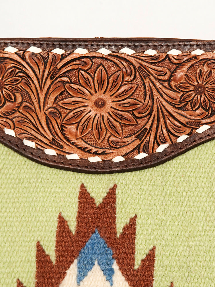 American Darling Messenger Bag Hand Woven Saddle Blanket Vegetable-Tanned Genuine Leather Floral Carved Buck Stitched