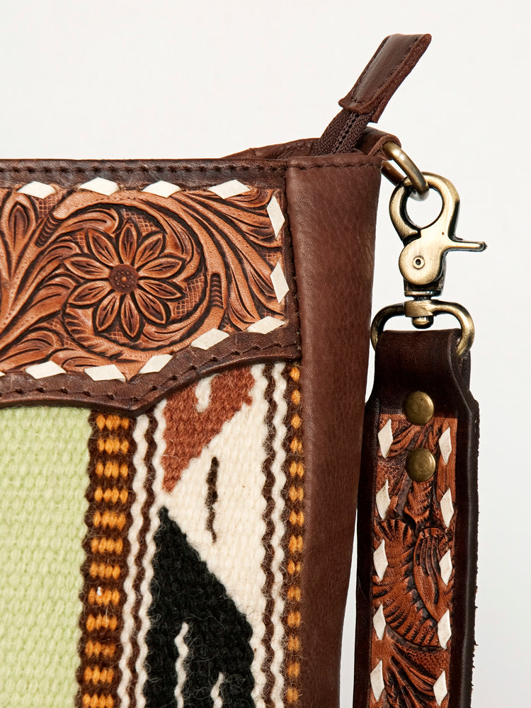 American Darling Messenger Bag Hand Woven Saddle Blanket Vegetable-Tanned Genuine Leather Floral Carved Buck Stitched