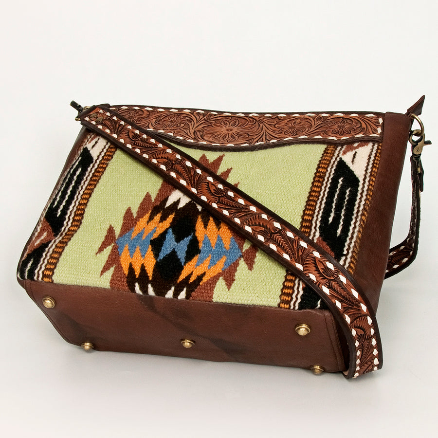 American Darling Messenger Bag Hand Woven Saddle Blanket Vegetable-Tanned Genuine Leather Floral Carved Buck Stitched