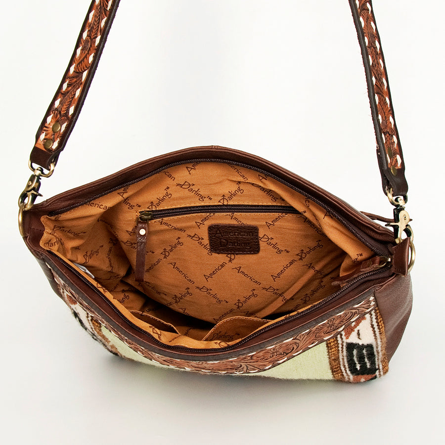 American Darling Messenger Bag Hand Woven Saddle Blanket Vegetable-Tanned Genuine Leather Floral Carved Buck Stitched