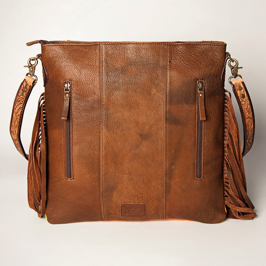 American Darling Large Cross body Bag Hand Woven Saddle Blanket Vegetable-Tanned Genuine Leather Fringes Hand Tooled