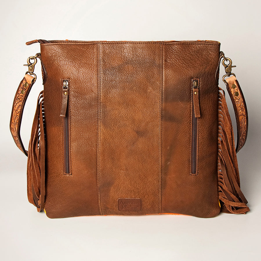 American Darling Large Cross body Bag Hand Woven Saddle Blanket Vegetable-Tanned Genuine Leather Fringes Hand Tooled