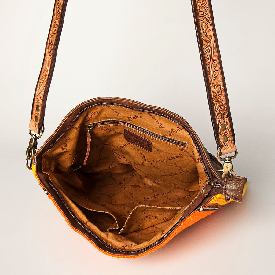 American Darling Large Cross body Bag Hand Woven Saddle Blanket Vegetable-Tanned Genuine Leather Hand Tooled