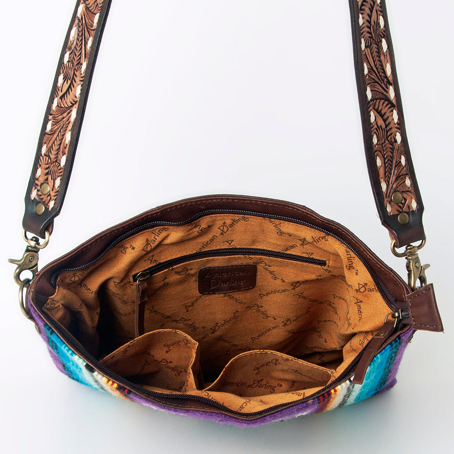 American Darling Large Cross body Bag Hand Woven Saddle Blanket Vegetable-Tanned Genuine Leather Hand Tooled