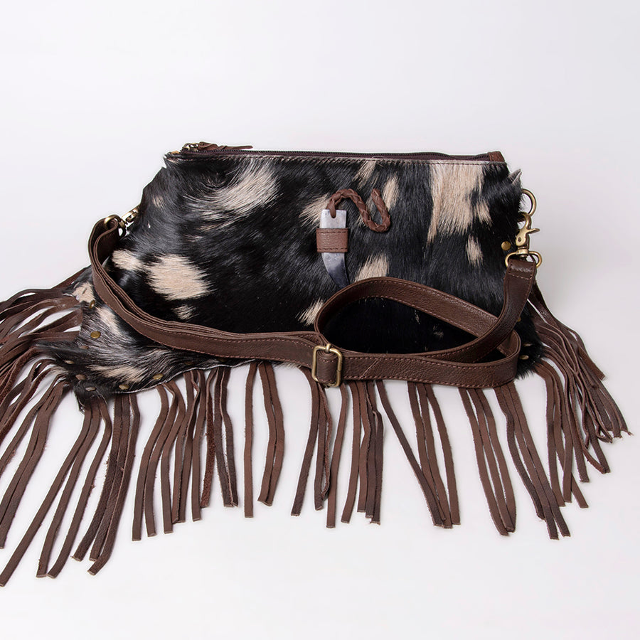 American Darling Small Cross body Bag Hair-On Cowhide Fringed Western Leather Purse with Rivets 5in x 12in
