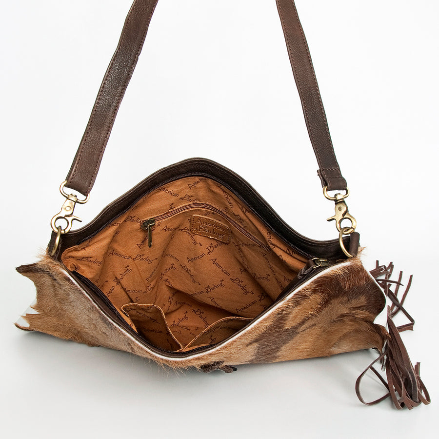 American Darling Large Cross body Bag Hair-On Cowhide Fringed Western Leather Purse with Rivets 16in x 16in