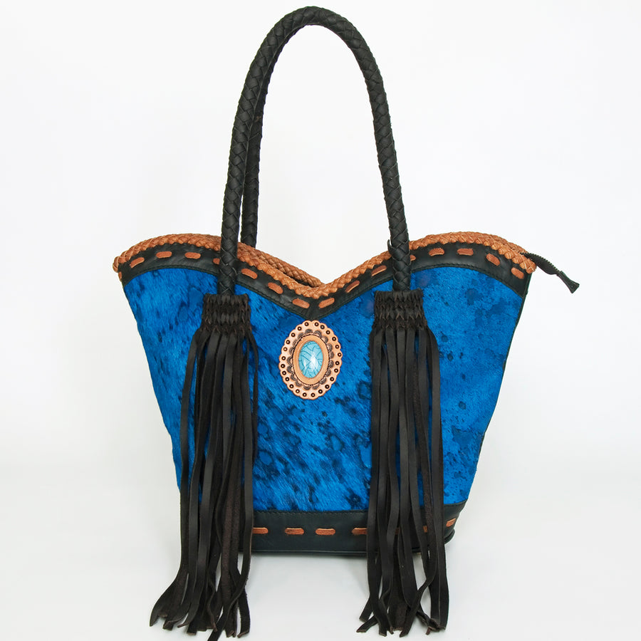 American Darling Tote Bag, Genuine Vegetable-Tanned Leather, Hair-On Cowhide with Fringes & Turquoise, Western Handbag