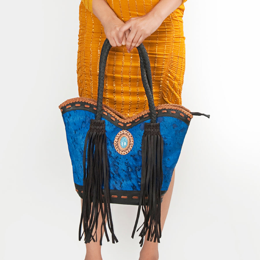 American Darling Tote Bag, Genuine Vegetable-Tanned Leather, Hair-On Cowhide with Fringes & Turquoise, Western Handbag