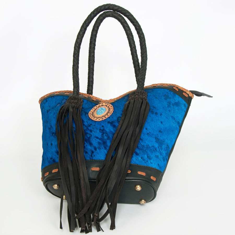 American Darling Tote Bag, Genuine Vegetable-Tanned Leather, Hair-On Cowhide with Fringes & Turquoise, Western Handbag