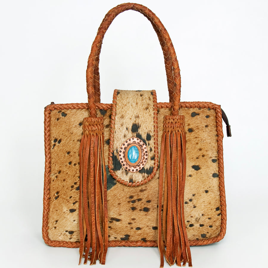 American Darling Tote Bag, Genuine Vegetable-Tanned Leather, Hair-On Cowhide with Fringes & Turquoise, Western Handbag