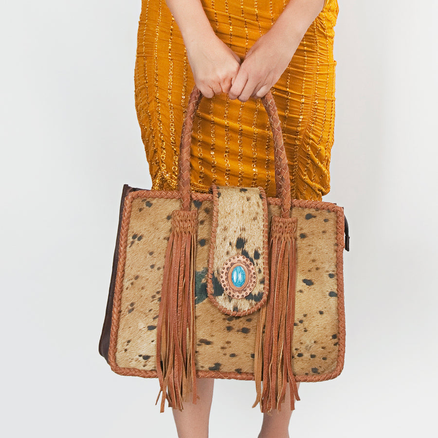 American Darling Tote Bag, Genuine Vegetable-Tanned Leather, Hair-On Cowhide with Fringes & Turquoise, Western Handbag