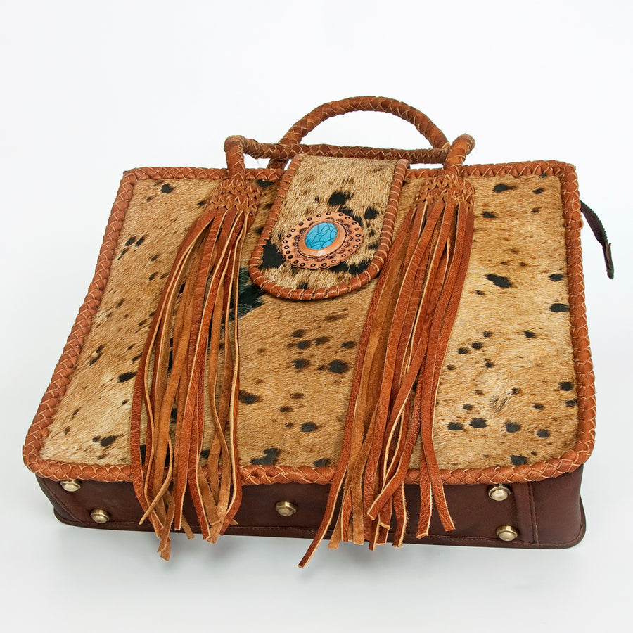 American Darling Tote Bag, Genuine Vegetable-Tanned Leather, Hair-On Cowhide with Fringes & Turquoise, Western Handbag