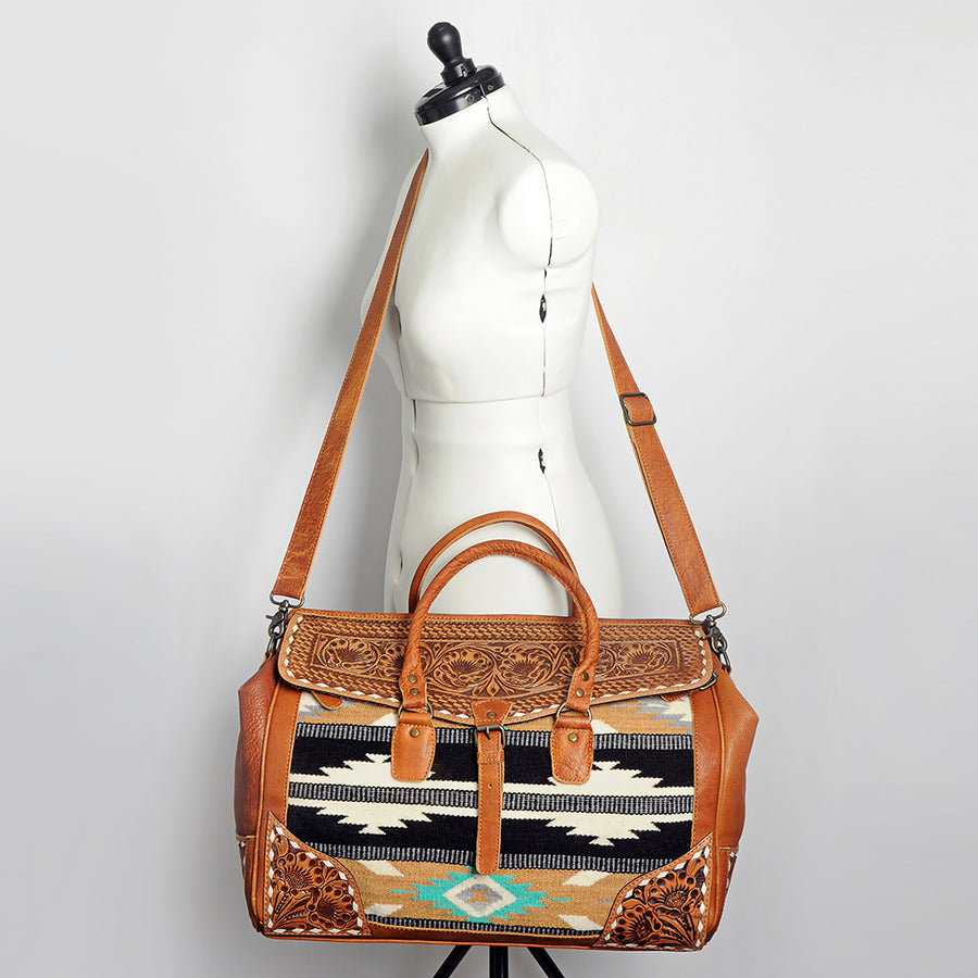 American Darling Duffel Bag Hand Tooled Floral Carved Hair-On Cowhide Genuine Vegetable Tanned Leather Travel Bag YKK Zipper