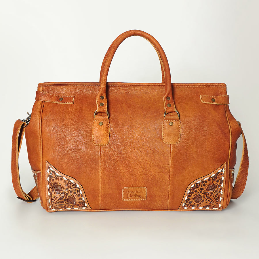 American Darling Duffel Bag Hand Tooled Floral Carved Hair-On Cowhide Genuine Vegetable Tanned Leather Travel Bag YKK Zipper