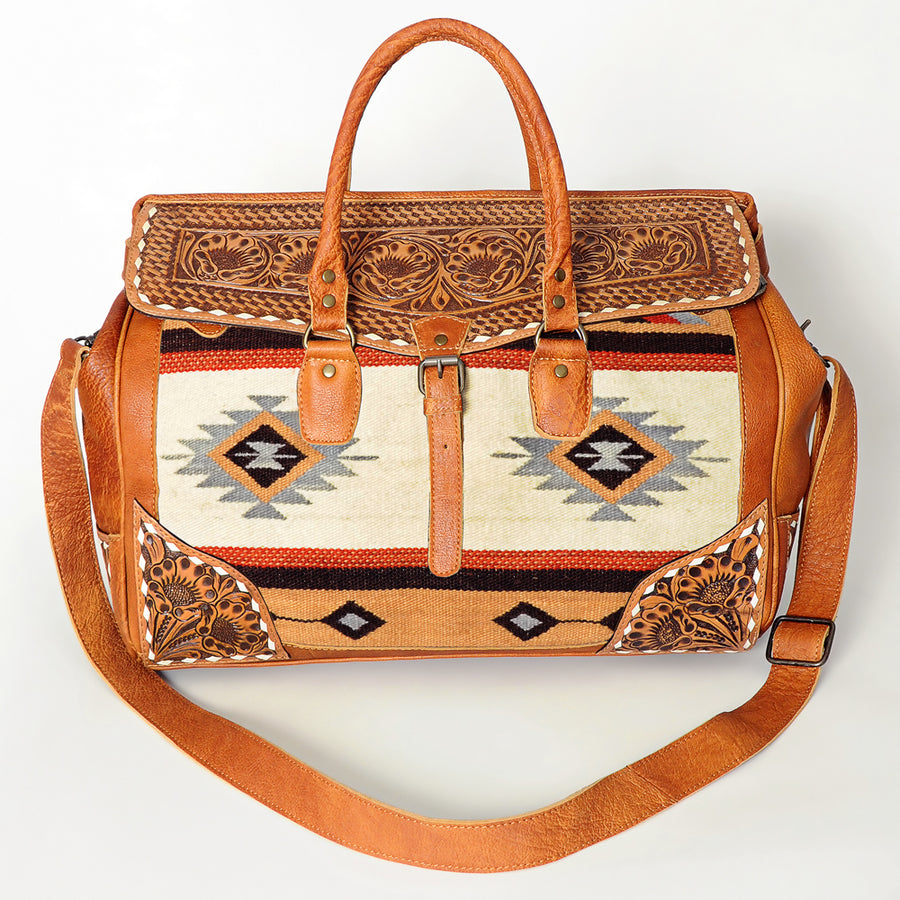 American Darling Duffel Bag Hand Tooled Floral Carved Hair-On Cowhide Genuine Vegetable Tanned Leather Travel Bag YKK Zipper