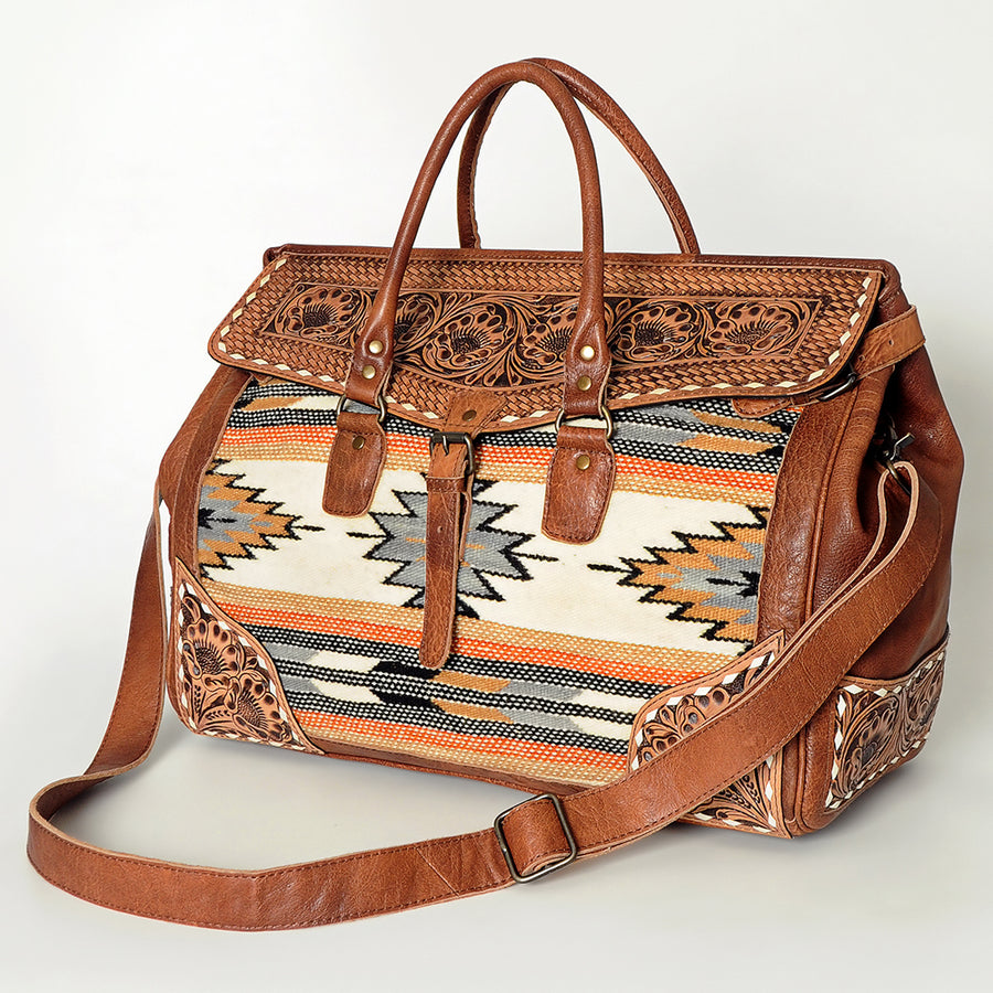 American Darling Hand Tooled Floral and Hand Woven Saddle Blanket Western Duffel Bag - Uhorse