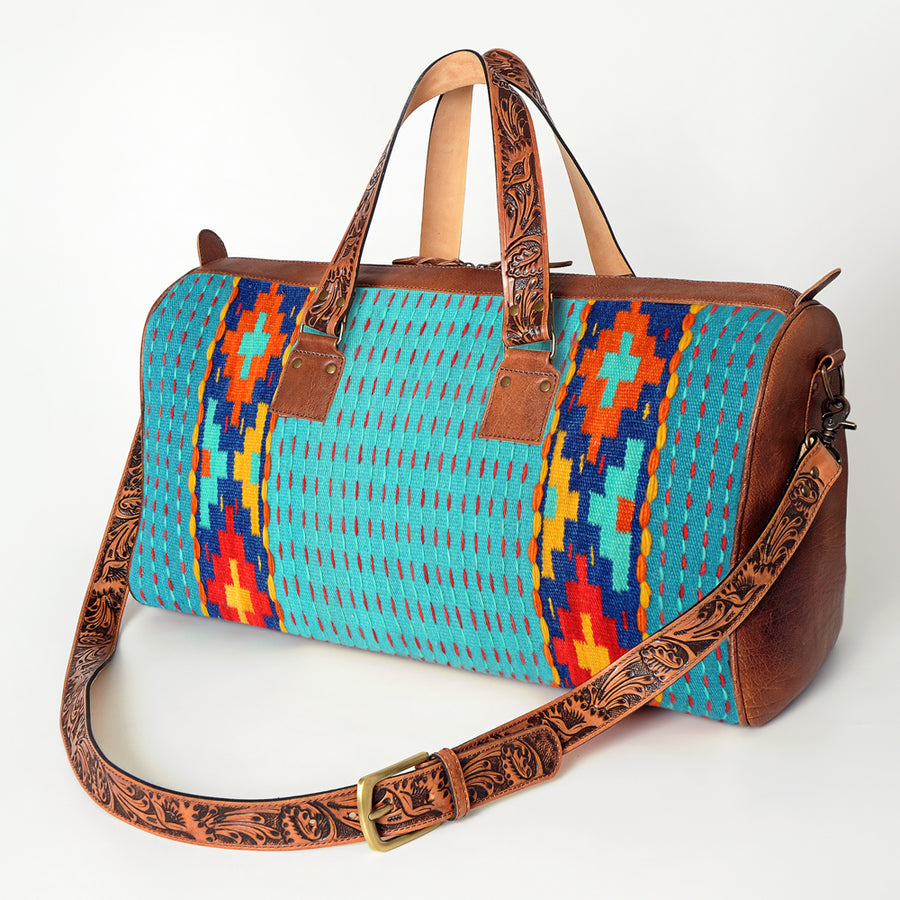 American Darling Hand Tooled Leather and Woven Saddle Blanket Western Duffel Bag - Uhorse