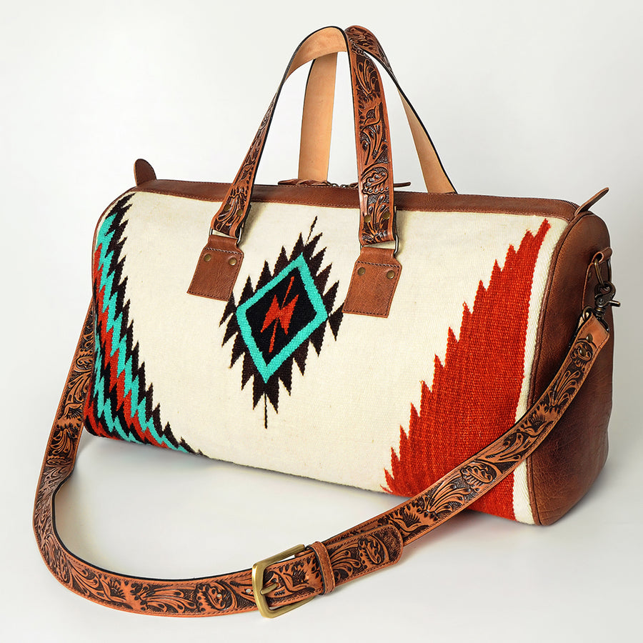 American Darling Hand Tooled Leather and Woven Saddle Blanket Western Duffel Bag - Uhorse