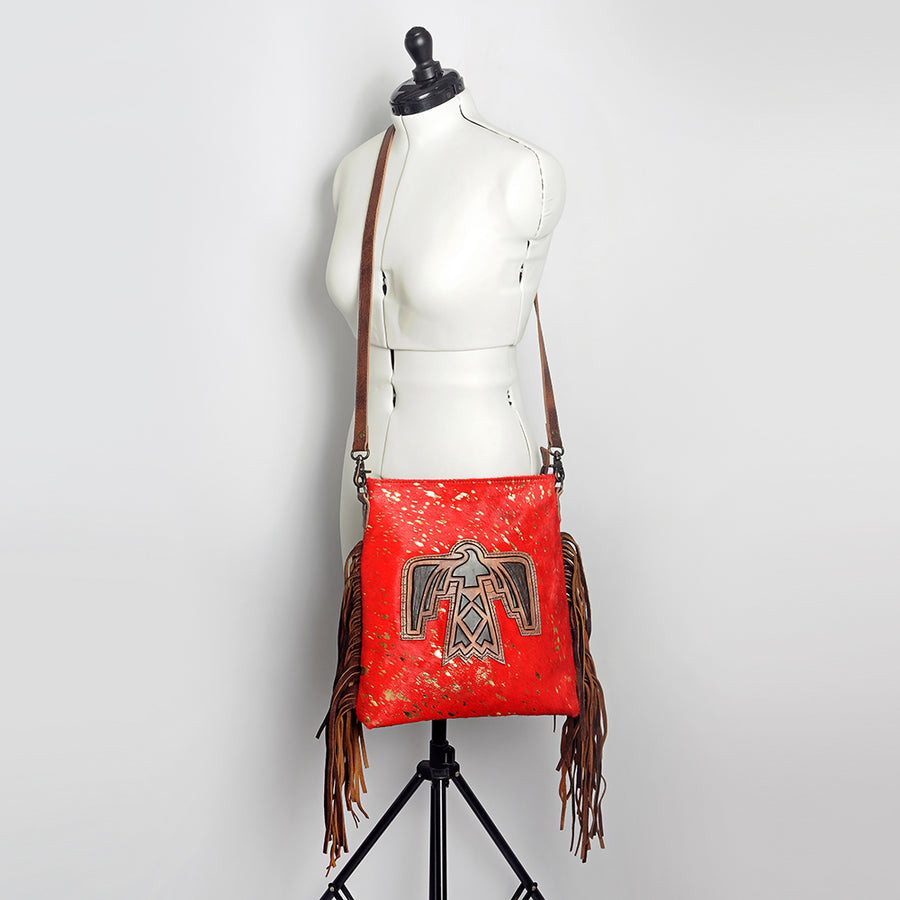 American Darling Large Cross body Bag, Hand Tooled Vegetable-Tanned Leather, Western Fringed Handcrafted Crossbody Purse