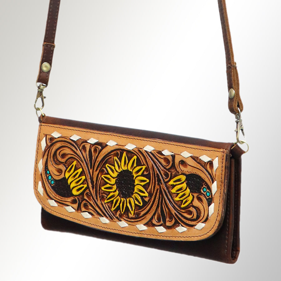 American Darling Hand Tooled Floral Small Cross body Bag - Western Leather Wallet Purse - Uhorse