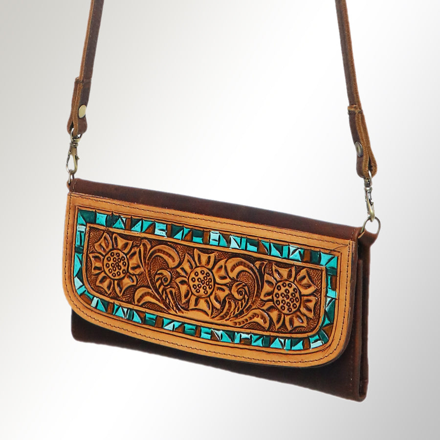 American Darling Hand Tooled Floral Small Cross body Bag - Western Leather Wallet Purse - Uhorse