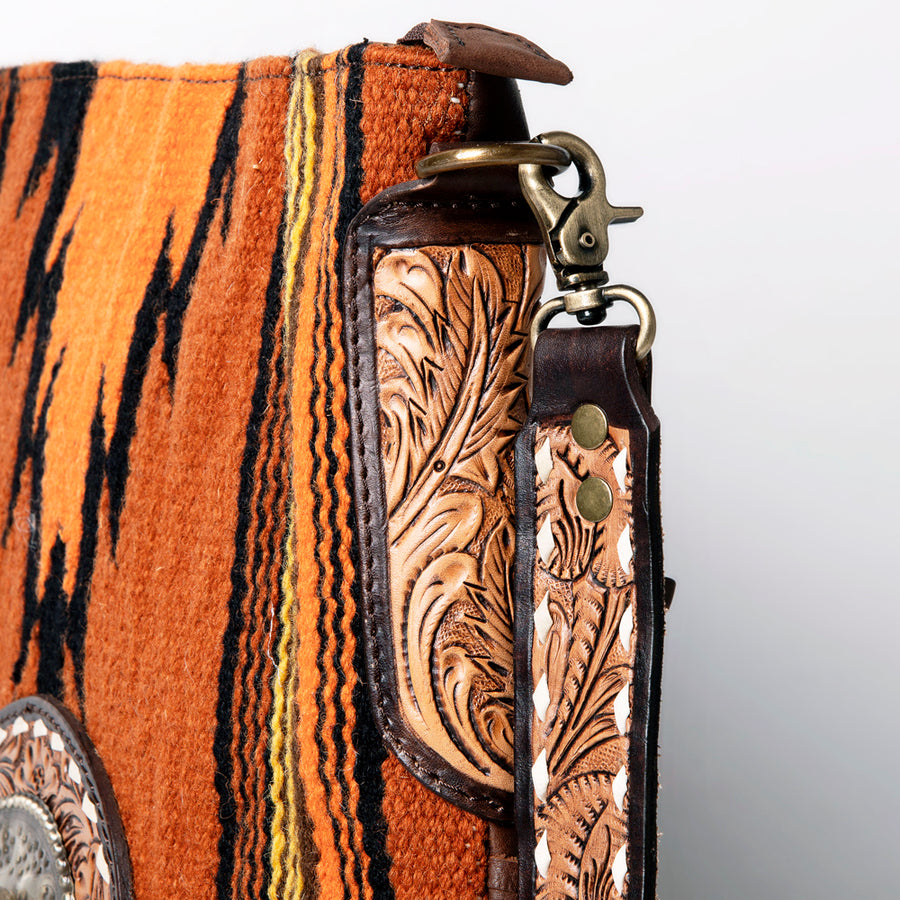 American Darling Large Cross body Bag Hand Woven Saddle Blanket Vegetable-Tanned Genuine Leather Floral Carved Turquoise Concho
